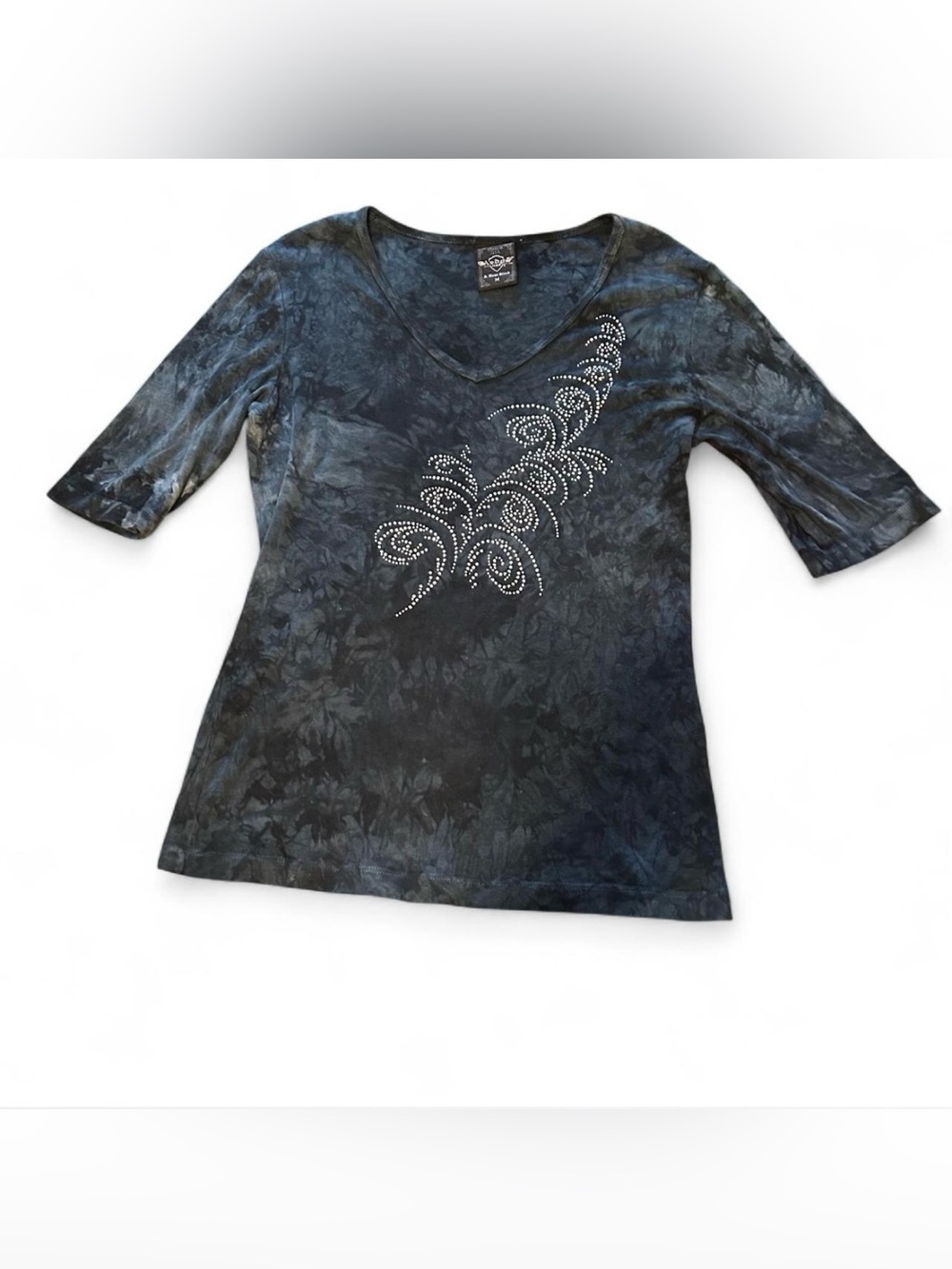 vintage sledge USA blue tie-dye v-neck top with rhinestone floral detail